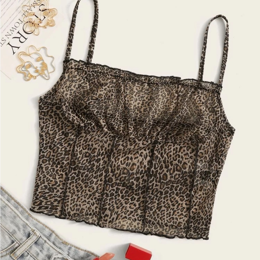 Shein drill trim crinkle leopard cami top in size medium
